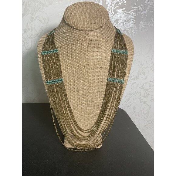 Long Bohemian Necklace With Turquoise Beads & Layered Chains - Picture 3 of 3